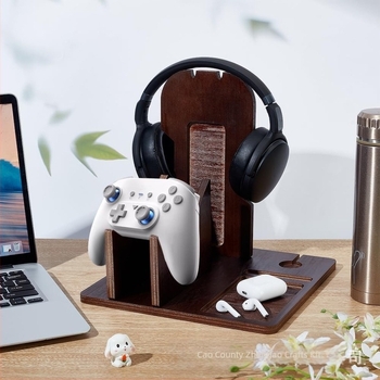 Fából készült asztali fejhallgató tartó és gamepad tároló – 3-szintes, többfunkciós számítógépes kiegészítő szervező