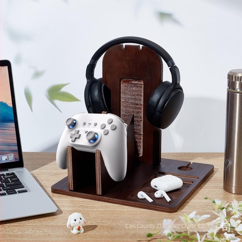 Fából készült asztali fejhallgató tartó és gamepad tároló – 3-szintes, többfunkciós számítógépes kiegészítő szervező