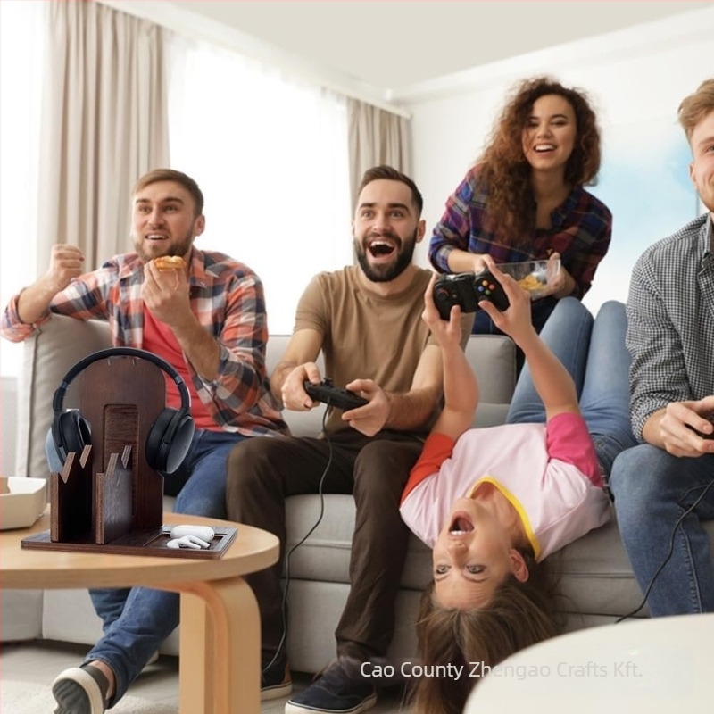 Fából készült asztali fejhallgató tartó és gamepad tároló – 3-szintes, többfunkciós számítógépes kiegészítő szervező