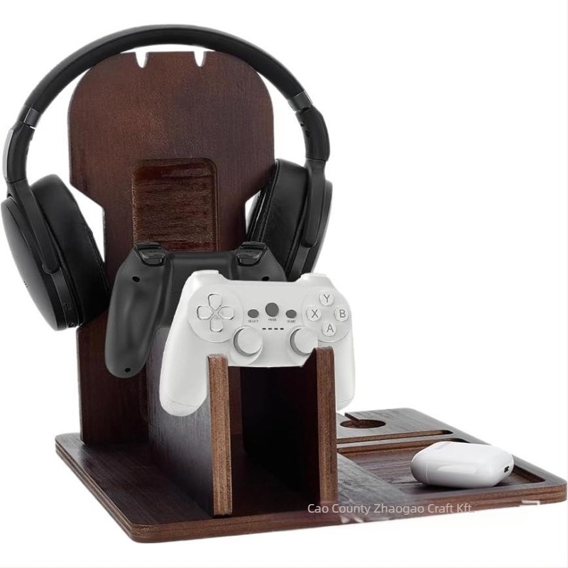 Fából készült asztali fejhallgató tartó és gamepad tároló – 3-szintes, többfunkciós számítógépes kiegészítő szervező