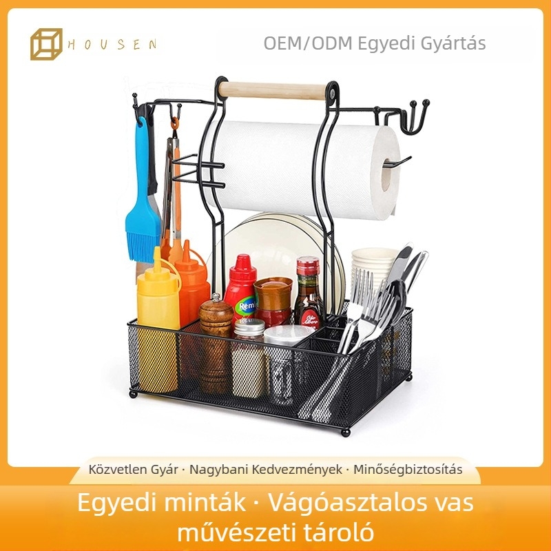 Konyhai fűszerrács papírtörlő tartóval és pálcikák tárolóval, összecsukható, forgó, lyukmentes, vasdrót