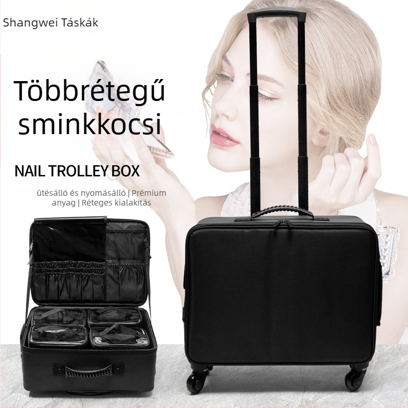 Professzionális sminkes táska teleszkópos rúddal, nagy kapacitás, Oxford anyag, univerzális kerekek, cipzáras nyitás, bővítő réteg