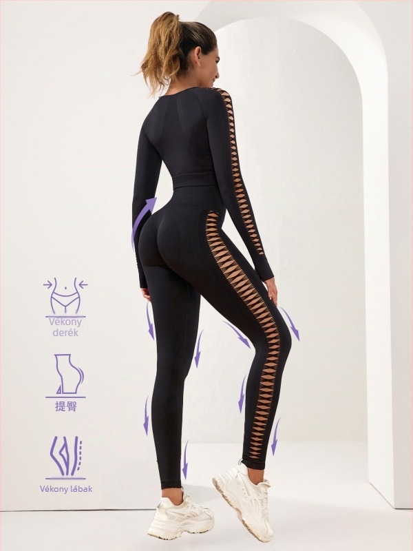 Női kétrészes, varrat nélküli jóga szett – hosszú ujjú felső és leggings, anyag Nylon/Spandex 92%/8%, oldalsó kivágások