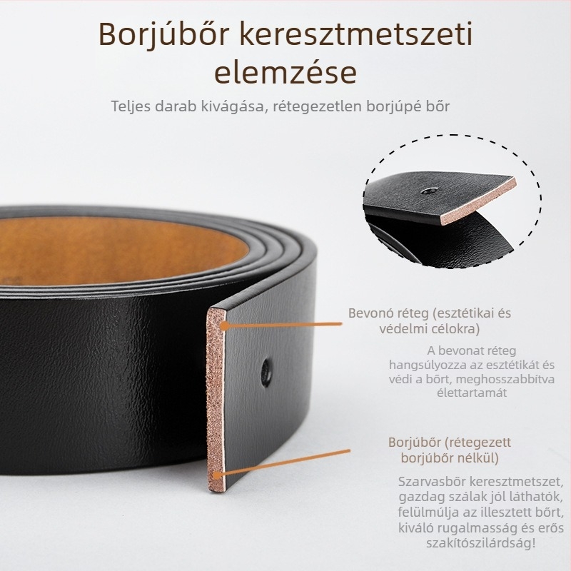 Férfi bőrből készült övcsík, két réteg marhabőr, embossált felület, automata csat, csat anyaga: ötvözet