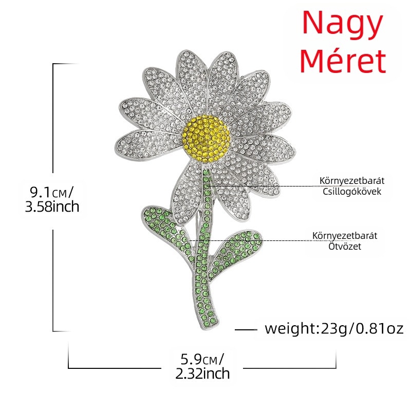 Margaréta bross gyémántokkal kirakott, cinkötvözetből, Yini márka, uniszex divatos kiegészítő