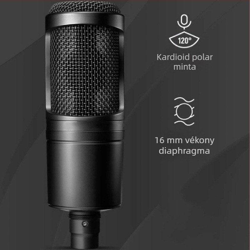 AT2020 kondenzátor mikrofón, vezetékes, nagy diafragmával, cardioid / szuperkardioid, 48V fantom táp
