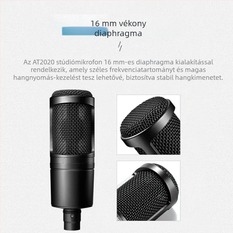 AT2020 kondenzátor mikrofón, vezetékes, nagy diafragmával, cardioid / szuperkardioid, 48V fantom táp