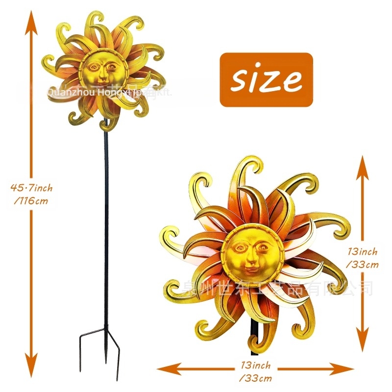 Kerti vasból készült szélmalom kettős naparcú arccal – modern művészeti dekoráció