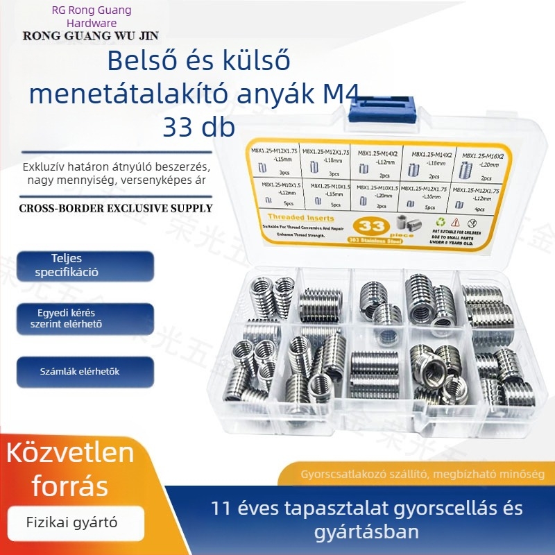 Menetkonverziós anyák készlet, belső/külső menet, 33 db, GB6178, rozsdamentes acél 303/304, A osztály, szilárdság A4-80.