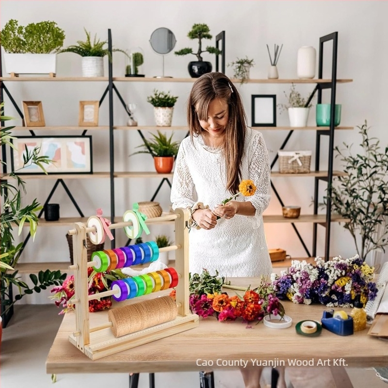 Fonal szalag tároló állvány – 4-szintes asztali szalagpolc, sokoldalú, anyag: fa/bambusz, stílus: egyszerű és modern