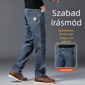 Férfi farmernadrág — egyenes szabású, középtalpas, pamut-poliészter keverék (66,2% pamut, 32,3% poliészter, 1,5% spandex); cipzáras zárás, több zseb, hosszú nadrág
