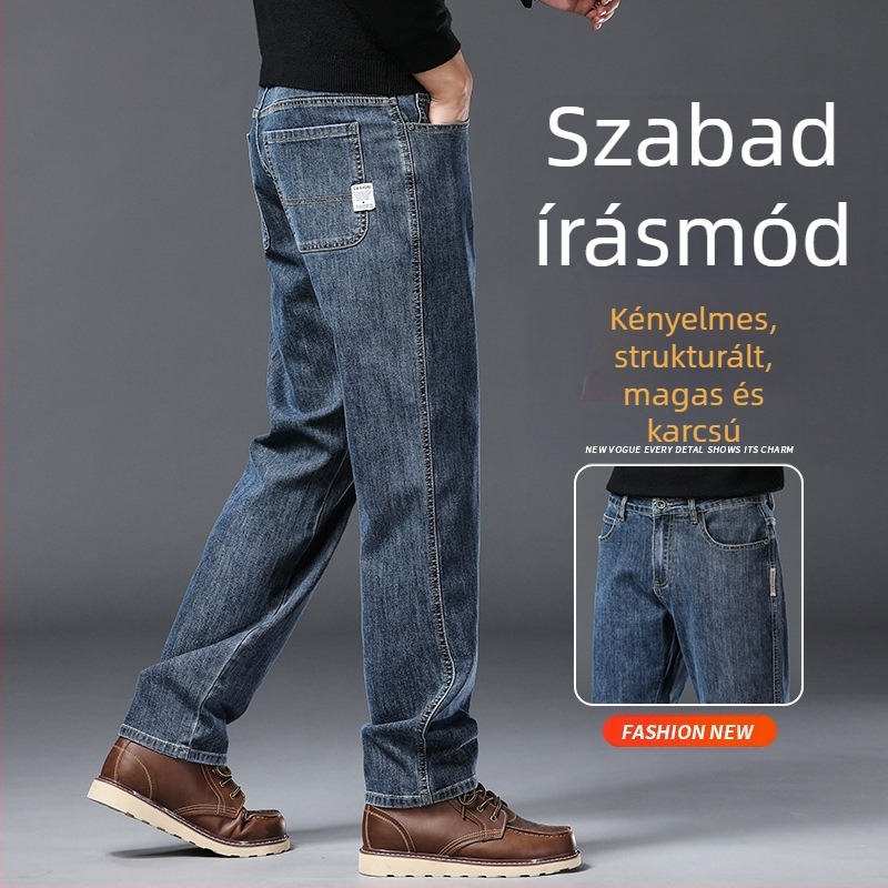 Férfi farmernadrág — egyenes szabású, középtalpas, pamut-poliészter keverék (66,2% pamut, 32,3% poliészter, 1,5% spandex); cipzáras zárás, több zseb, hosszú nadrág