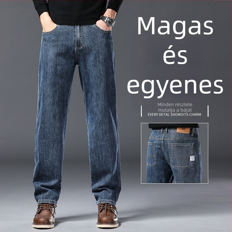 Férfi farmernadrág — egyenes szabású, középtalpas, pamut-poliészter keverék (66,2% pamut, 32,3% poliészter, 1,5% spandex); cipzáras zárás, több zseb, hosszú nadrág