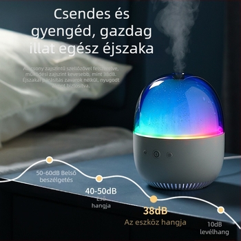USB-s tápegységű ultrahangos aromaterápiás párásító, kompakt asztali kivitel, helyiségekhez legfeljebb 10 m², 0,5 L tartály, zaj 36 dB alatt