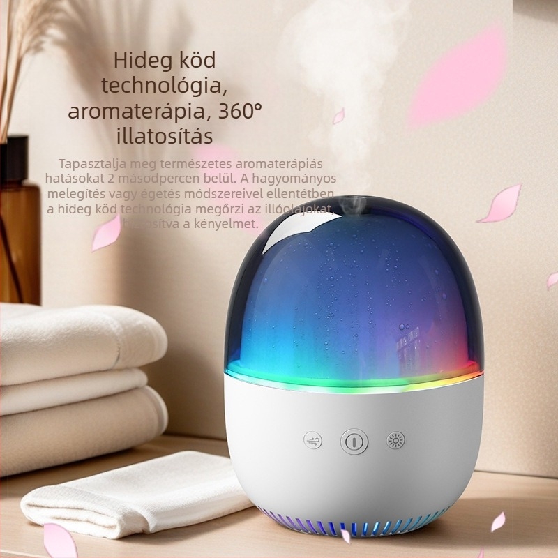 USB-s tápegységű ultrahangos aromaterápiás párásító, kompakt asztali kivitel, helyiségekhez legfeljebb 10 m², 0,5 L tartály, zaj 36 dB alatt