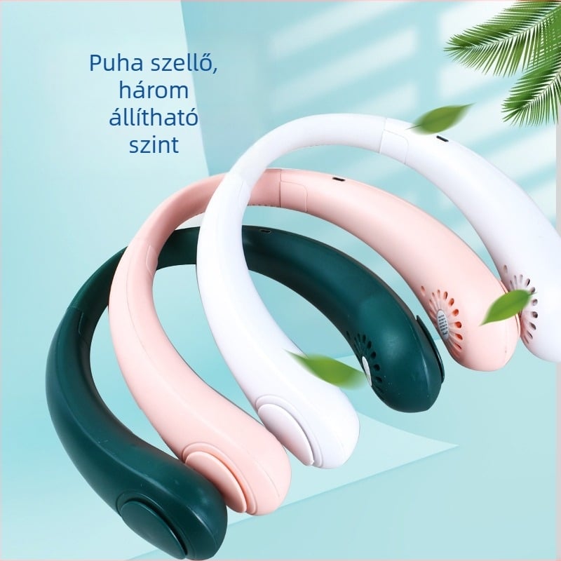 Nyakba akasztható lapát nélküli ventilátor – USB töltés, beépített 1000–1200 mAh akkumulátor, 3 sebesség, természetes szél, zaj 36 dB alatt