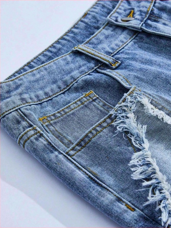 Denim rövidnadrág amerikai utcai stílusban, patchwork csillaggal öt ponttal és macska bajusz motívummal, egyenes szabás, 5 hüvelykes belső hossz, rojtos szél