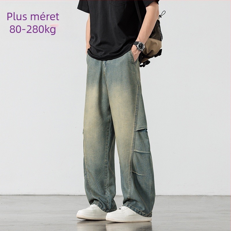 Férfi vintage farmernadrág, egyenes szabású, magas derékkal, zárás húzózsinórral, vékony rugalmas anyag, koreai stílus