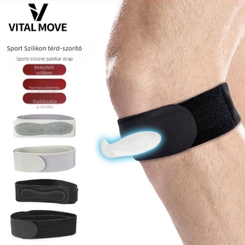 Térdvédők beépített szilikon ütéscsillapítással, állítható, kosárlabdához és túrázáshoz; anyagok: Lycra, poliészter, SBR, szilikon