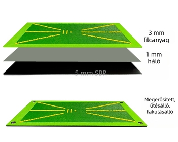 Golf pálya követő matrac – vastag, tartós ütőfelület pailettaival; Anyag: 5 mm SBR gumi + 3 mm filc; Nyomtatott logó; Testreszabás