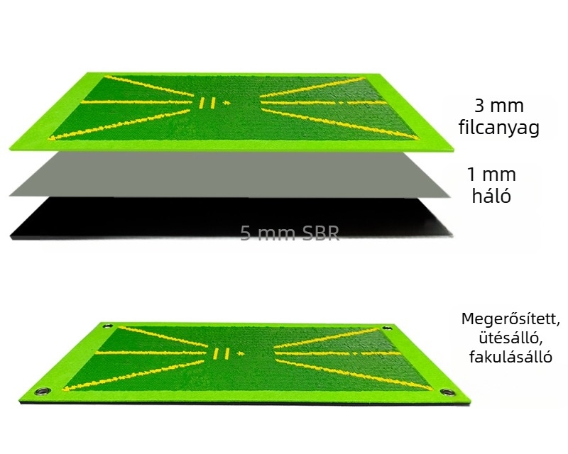 Golf pálya követő matrac – vastag, tartós ütőfelület pailettaival; Anyag: 5 mm SBR gumi + 3 mm filc; Nyomtatott logó; Testreszabás