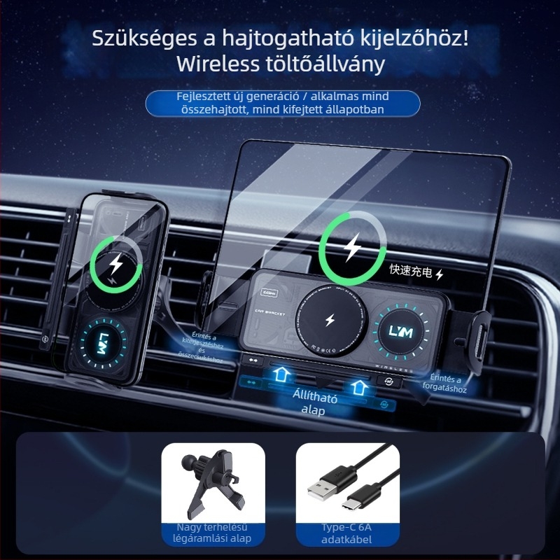 Összecsukható autótelefon-tartó vezeték nélküli gyorstöltéssel - 7,5 W, szellőzőnyílásra snap-on rögzítés, modell X07, univerzális kompatibilitás