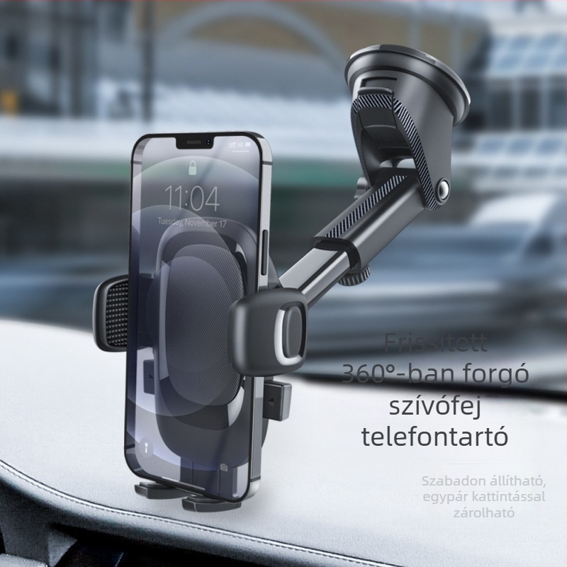 Forgatható szívófejes autós telefontartó teleszkópos hosszú nyéllel – univerzális, műanyag
