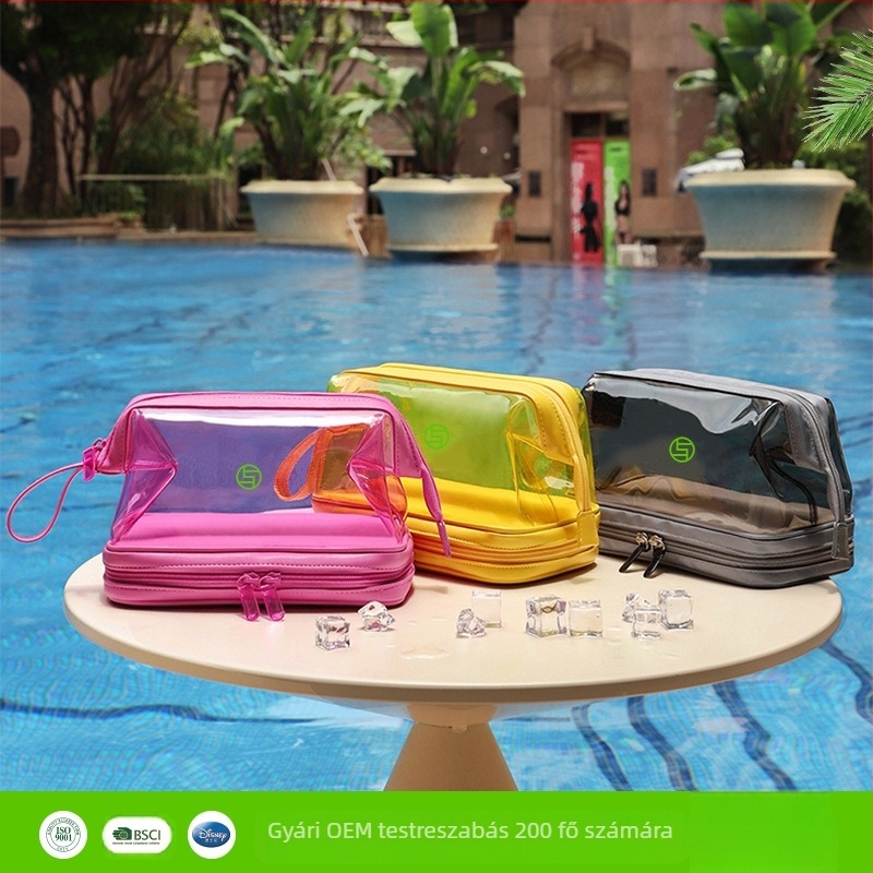 Sminktáska PVC-ből, laminált belső résszel és cipzáros zárással, poliészter anyag, vízszintes négyszögletes forma, mini négyszög stílus