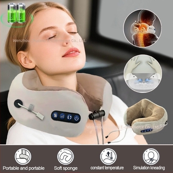 U-formájú elektromos nyakmasszírozó párna, 2 masszázsfejjel, 3 fokozattal, melegítés és gyúrás funkcióval, újratölthető