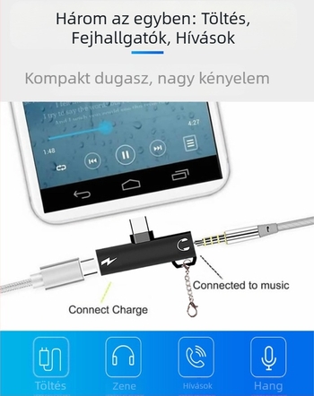 Type-C fejhallgató adapter 3,5 mm-es jackkal és USB-C töltéssel, egyportos Type-C telefonokhoz