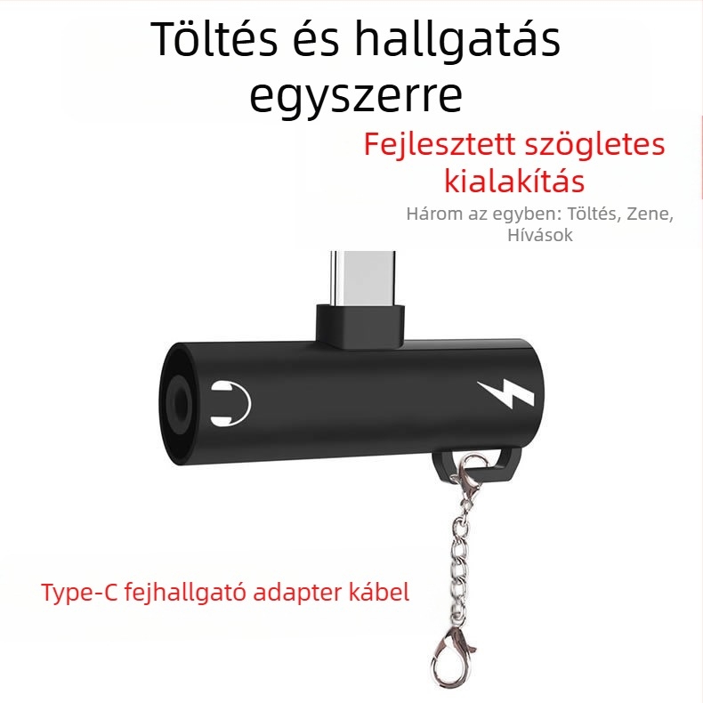 Type-C fejhallgató adapter 3,5 mm-es jackkal és USB-C töltéssel, egyportos Type-C telefonokhoz