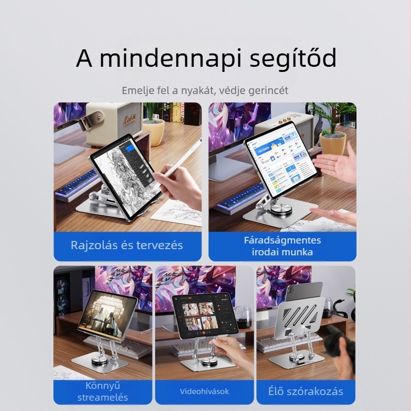360° forogó táblagéptartó — asztali, összecsukható, alumíniumötvözet, Modell P001