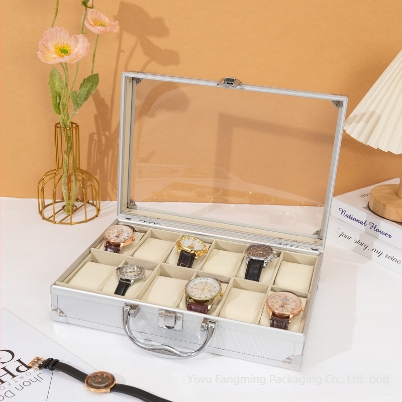 Alumínium ötvözetből készült 12 rekeszes óratartó doboz kiállításhoz otthoni használatra