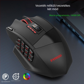 X33 optikai gamer egér, kettős üzemmód (kábeles és vezeték nélküli), USB, 16000 DPI, 9 gomb