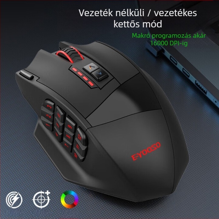 X33 optikai gamer egér, kettős üzemmód (kábeles és vezeték nélküli), USB, 16000 DPI, 9 gomb