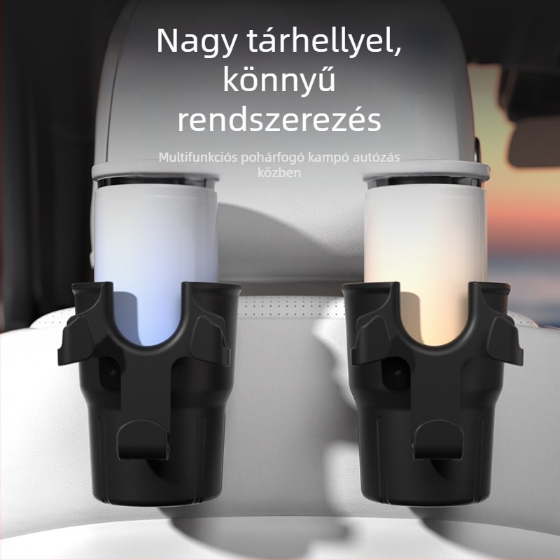 Autóülés hátulsó szervező pohártartóval és telefontartóval, műanyag, akasztó kivitel, univerzális illeszkedés, logónyomtatás elérhető