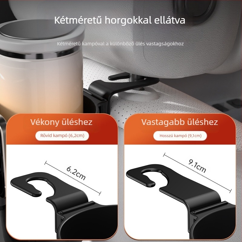 Autóülés hátulsó szervező pohártartóval és telefontartóval, műanyag, akasztó kivitel, univerzális illeszkedés, logónyomtatás elérhető