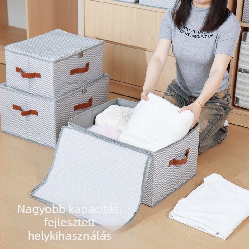 Tároló doboz cipzárral és tetővel – halszálka minta, nemszövött anyagból, 90–100 literes kapacitás, összehajtható és hordozható