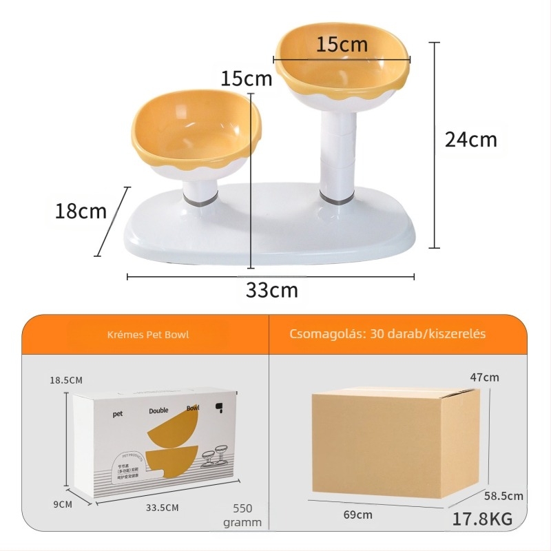 Állítható, két tálas macska etetésére és itatására szolgáló tál, automatikus etetés, anyag PP+ABS