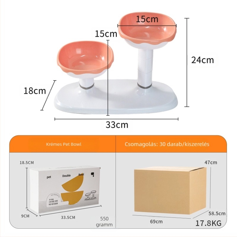 Állítható, két tálas macska etetésére és itatására szolgáló tál, automatikus etetés, anyag PP+ABS