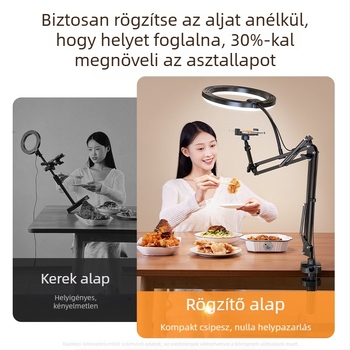 LED világítással ellátott fölötti telefonállvány asztali élő közvetítéshez és videófelvételhez ételekről és ékszerekről; univerzális okostelefonokhoz; modell F1a; alumíniumötvözet
