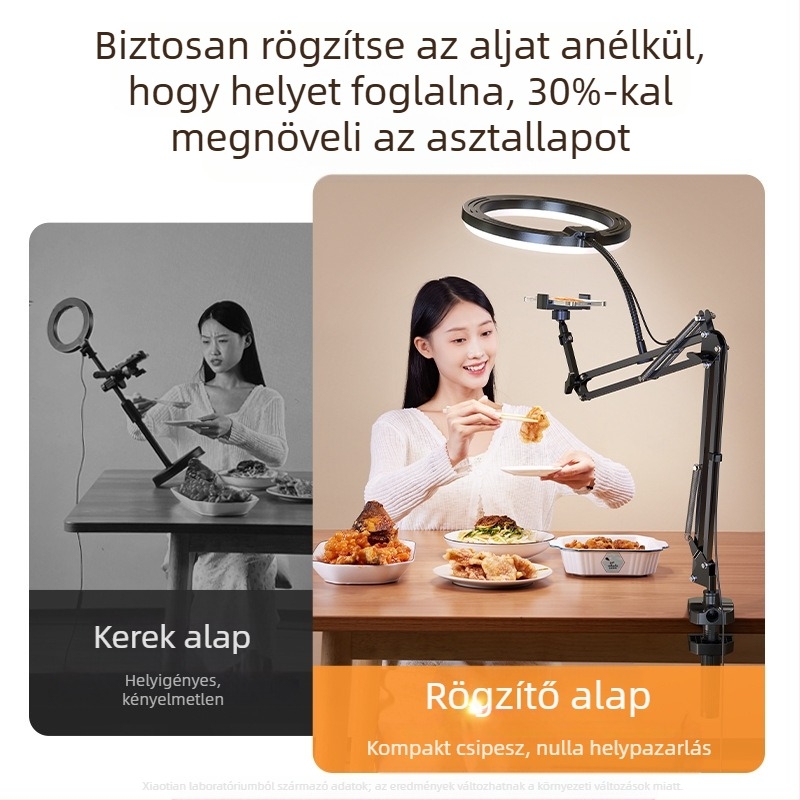 LED világítással ellátott fölötti telefonállvány asztali élő közvetítéshez és videófelvételhez ételekről és ékszerekről; univerzális okostelefonokhoz; modell F1a; alumíniumötvözet