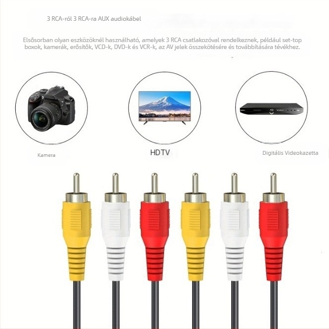 AV-kábel 3-hoz 3 RCA Lotus-fejjel, nikkelezett, tiszta rézmag, oxigénmentes réz vezetők, RoHS