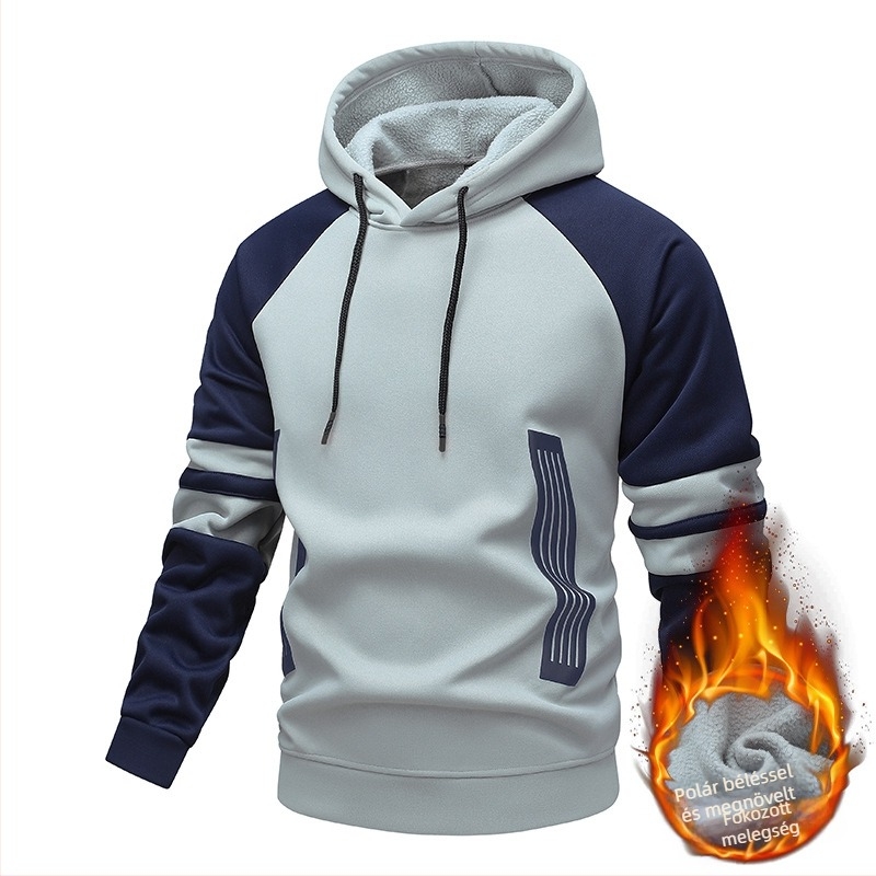 Férfi kapucnis pulóver, színblokkokkal tagolt csíkos minta, cipzárral, laza szabás, hosszú ujjú