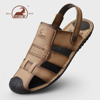 Férfi szandálok — felső rész top-grain marhabőrből, kerek orr, slip-on, lélegző, anti-slip gumitalp