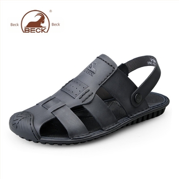 Férfi szandálok — felső rész top-grain marhabőrből, kerek orr, slip-on, lélegző, anti-slip gumitalp