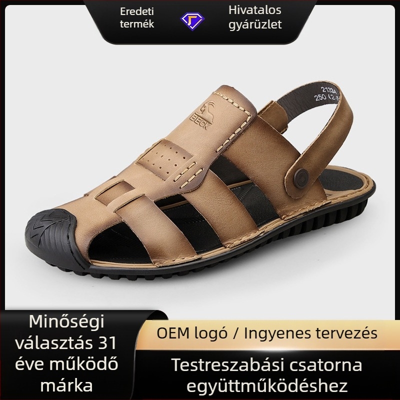 Férfi szandálok — felső rész top-grain marhabőrből, kerek orr, slip-on, lélegző, anti-slip gumitalp