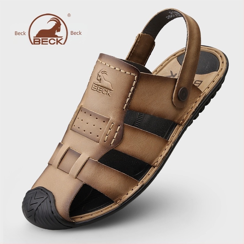 Férfi szandálok — felső rész top-grain marhabőrből, kerek orr, slip-on, lélegző, anti-slip gumitalp