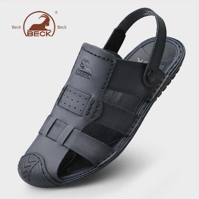 Férfi szandálok — felső rész top-grain marhabőrből, kerek orr, slip-on, lélegző, anti-slip gumitalp