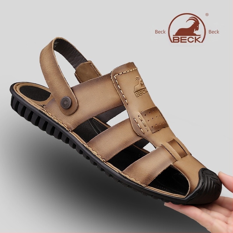 Férfi szandálok — felső rész top-grain marhabőrből, kerek orr, slip-on, lélegző, anti-slip gumitalp